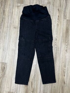 Black Maternity Cargo Jeans with Stretch Waistband